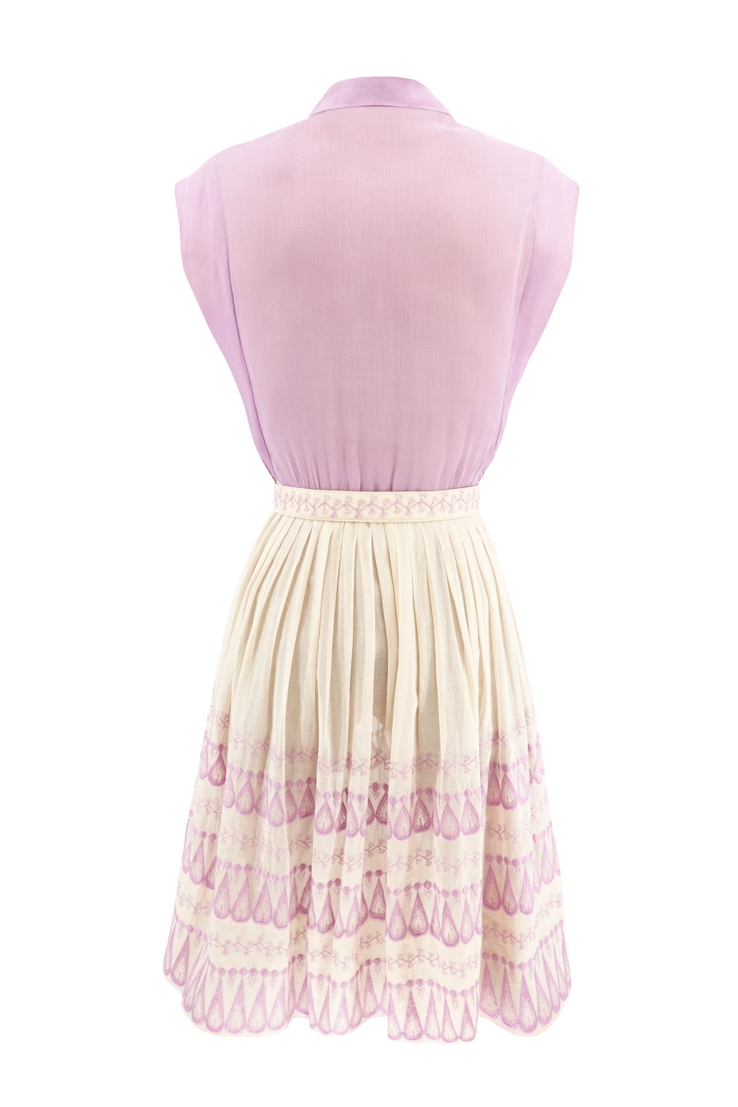 Doris Dodson 1940s lavender embroidered border dress, three-quarter view — Disco Palma