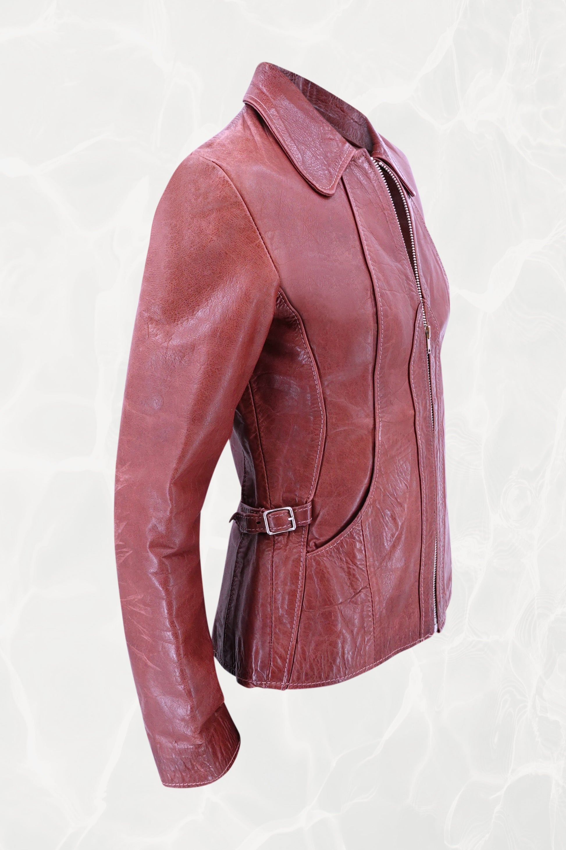 East West Musical Instruments 1970s burgundy leather jacket, side view — Disco Palma