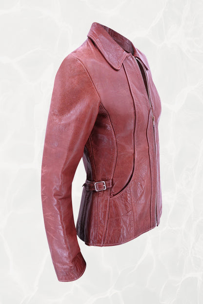 East West Musical Instruments 1970s burgundy leather jacket, side view — Disco Palma