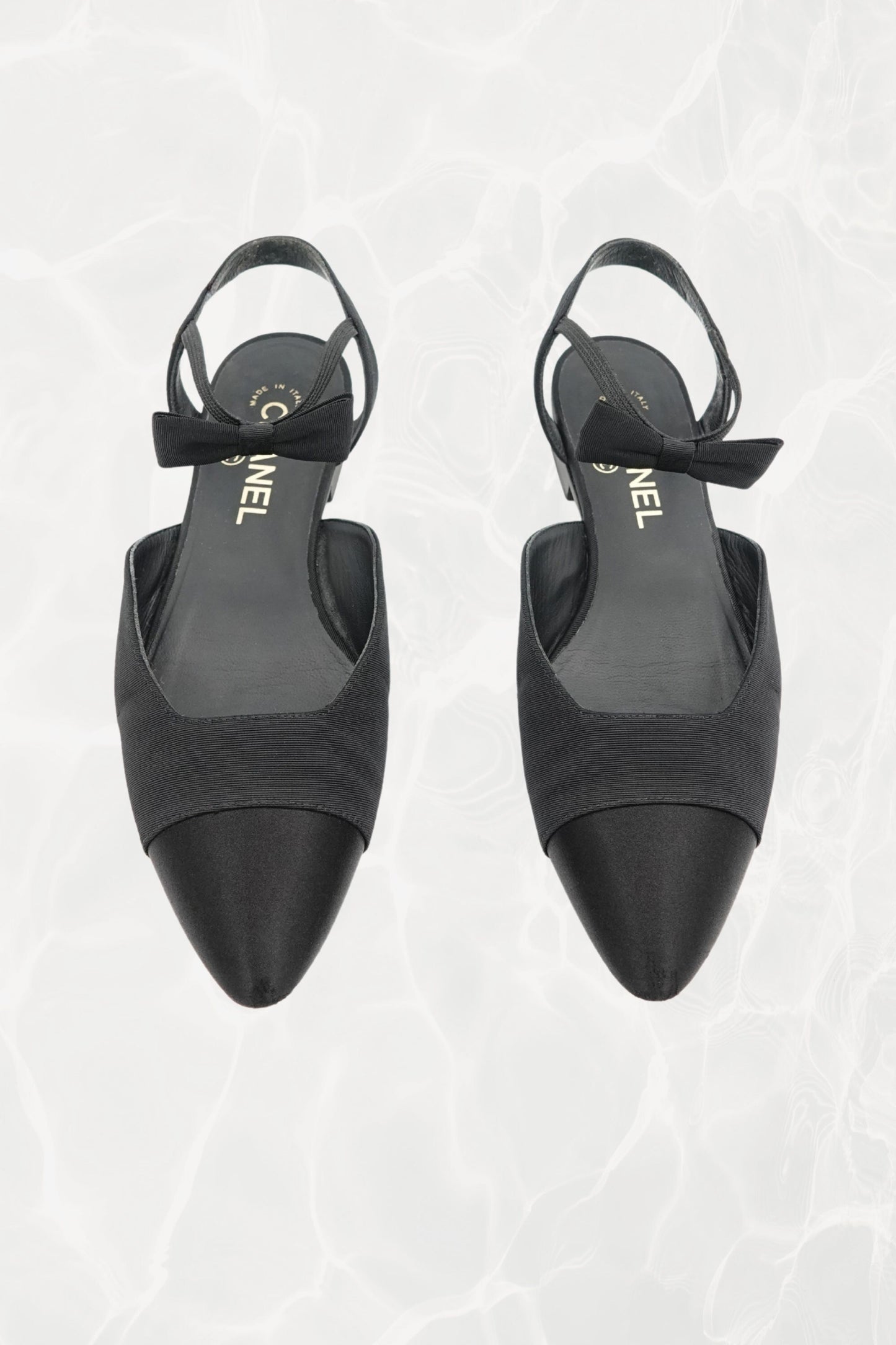 Chanel grosgrain flat, satin toe cap close-up — Disco Palma