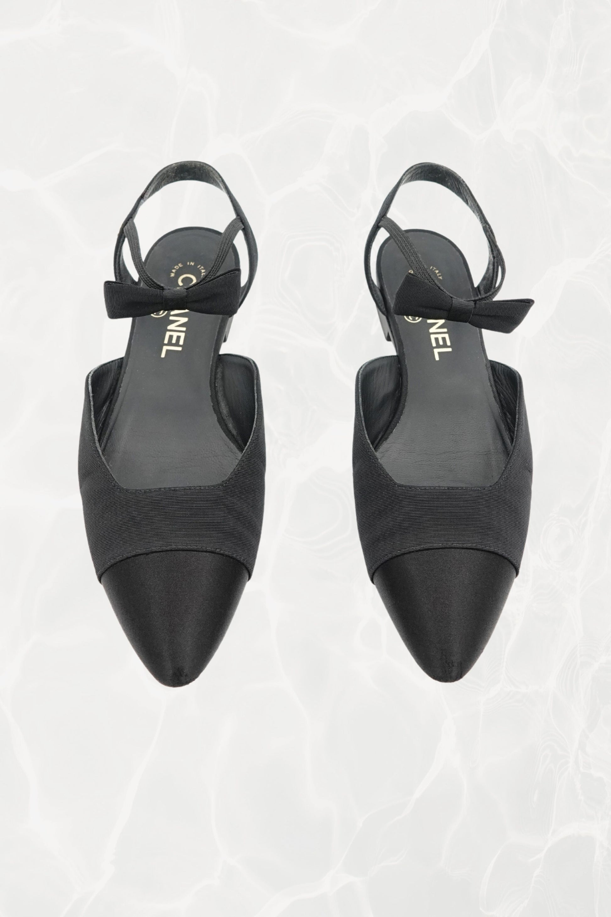 Chanel grosgrain flat, satin toe cap close-up — Disco Palma