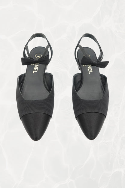 Chanel grosgrain flat, satin toe cap close-up — Disco Palma