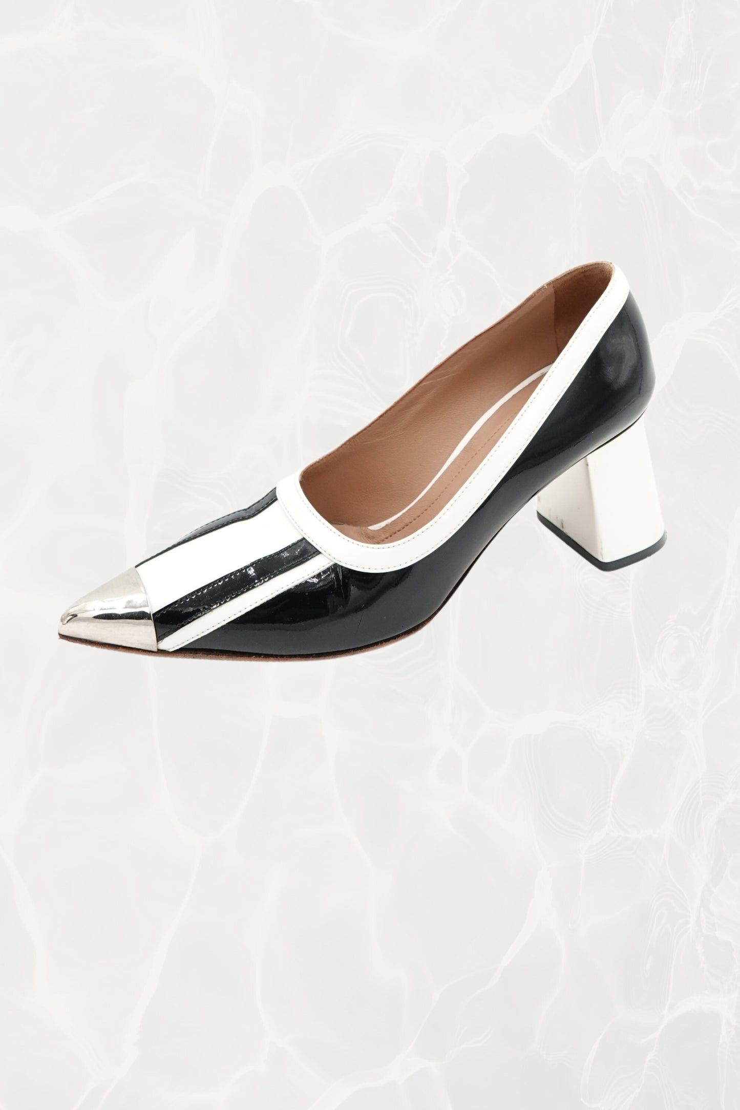 Black and White Stripe Patent Leather Pump, Chrome Block Heel
