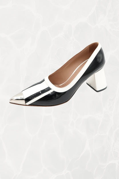 Black and White Stripe Patent Leather Pump, Chrome Block Heel