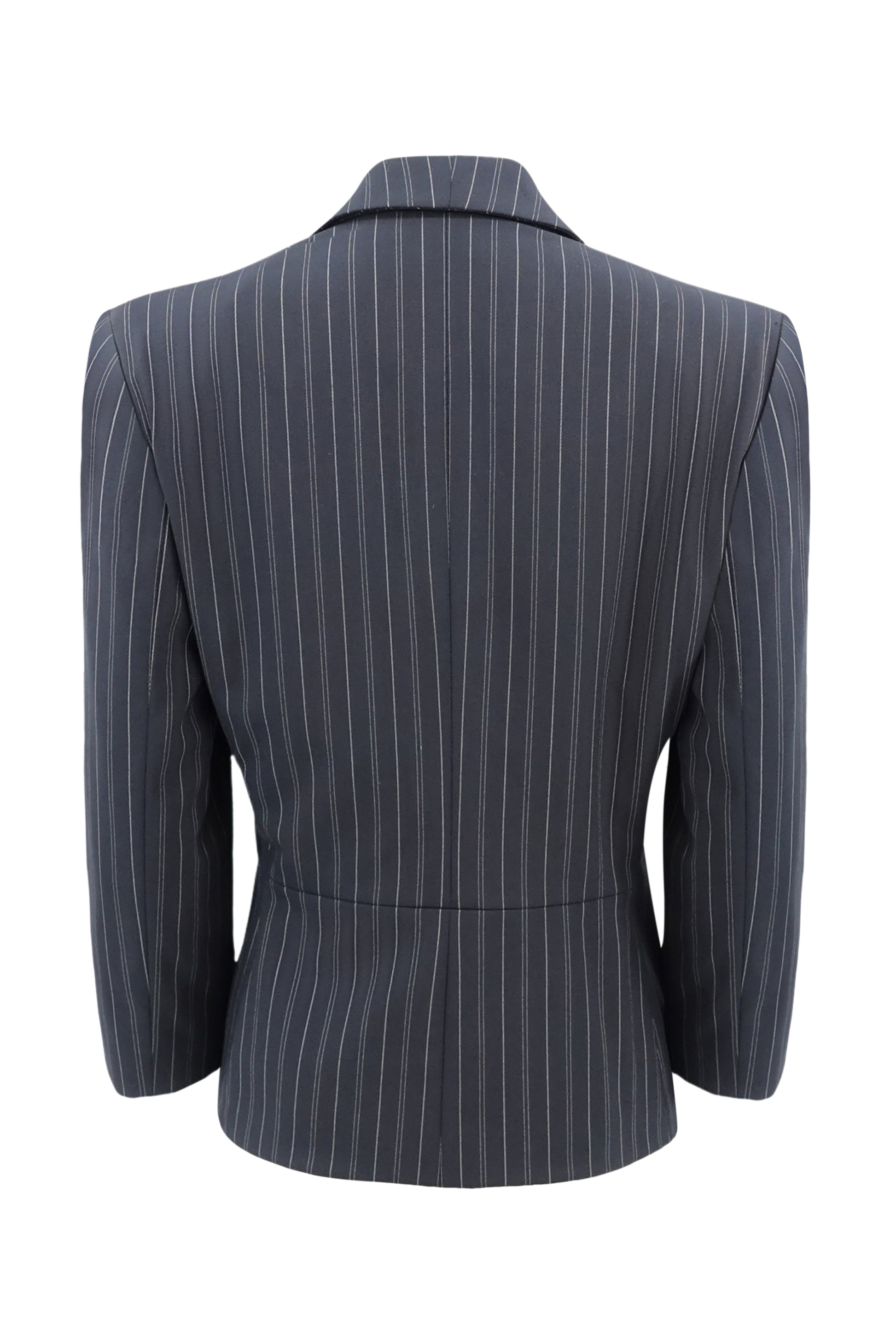 Vintage Armani Collezioni navy pinstripe jacket, three-quarter view — Disco Palma