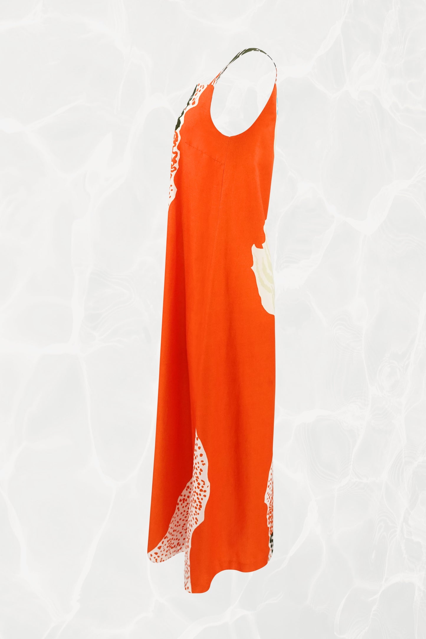 Marimekko 1978 orange abstract print maxi dress, front alternate view — Disco Palma