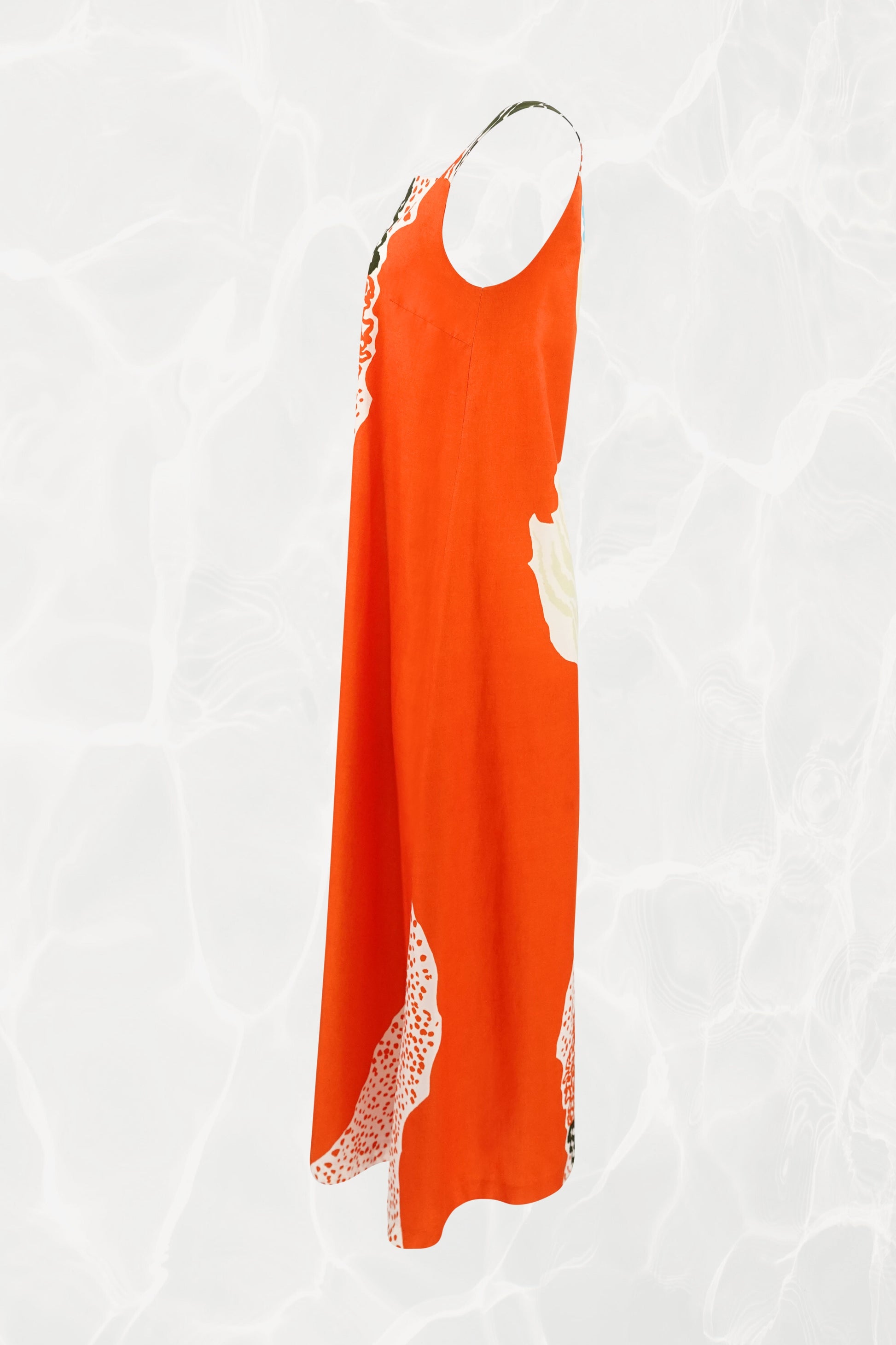 Marimekko 1978 orange abstract print maxi dress, front alternate view — Disco Palma