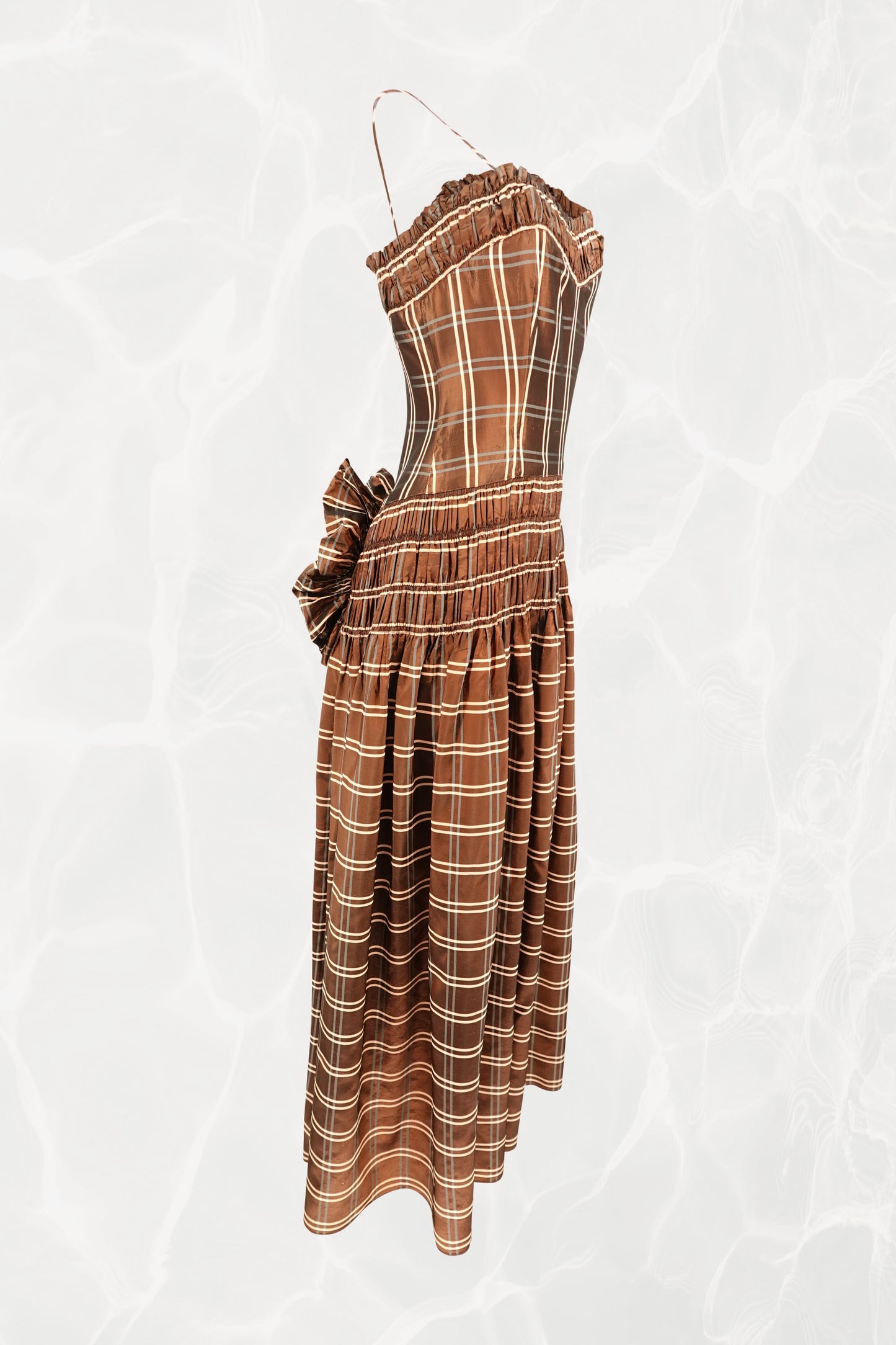Party Lines by Domb 1940s brown plaid taffeta gown, side view — Disco Palma