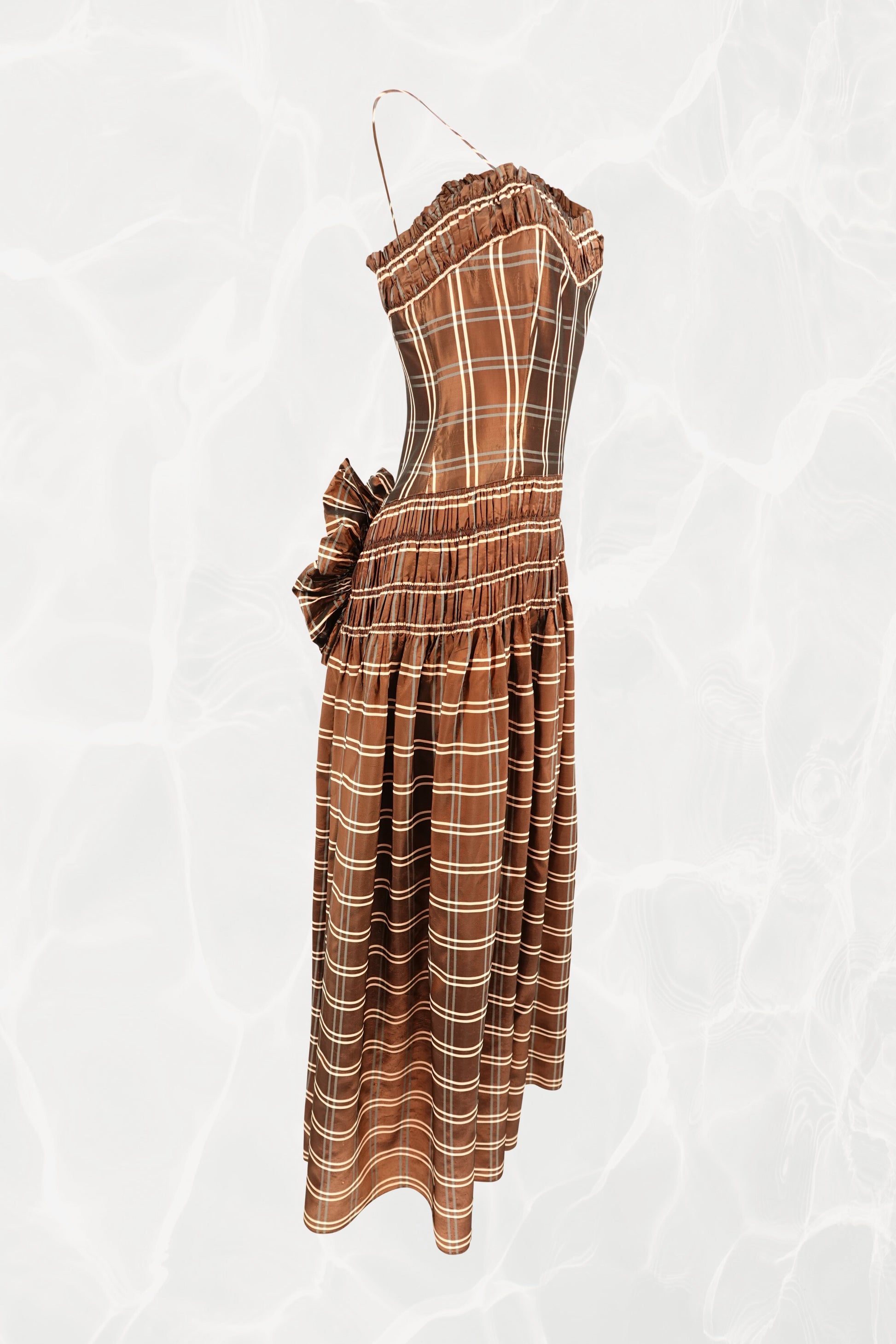 Party Lines by Domb 1940s brown plaid taffeta gown, side view — Disco Palma