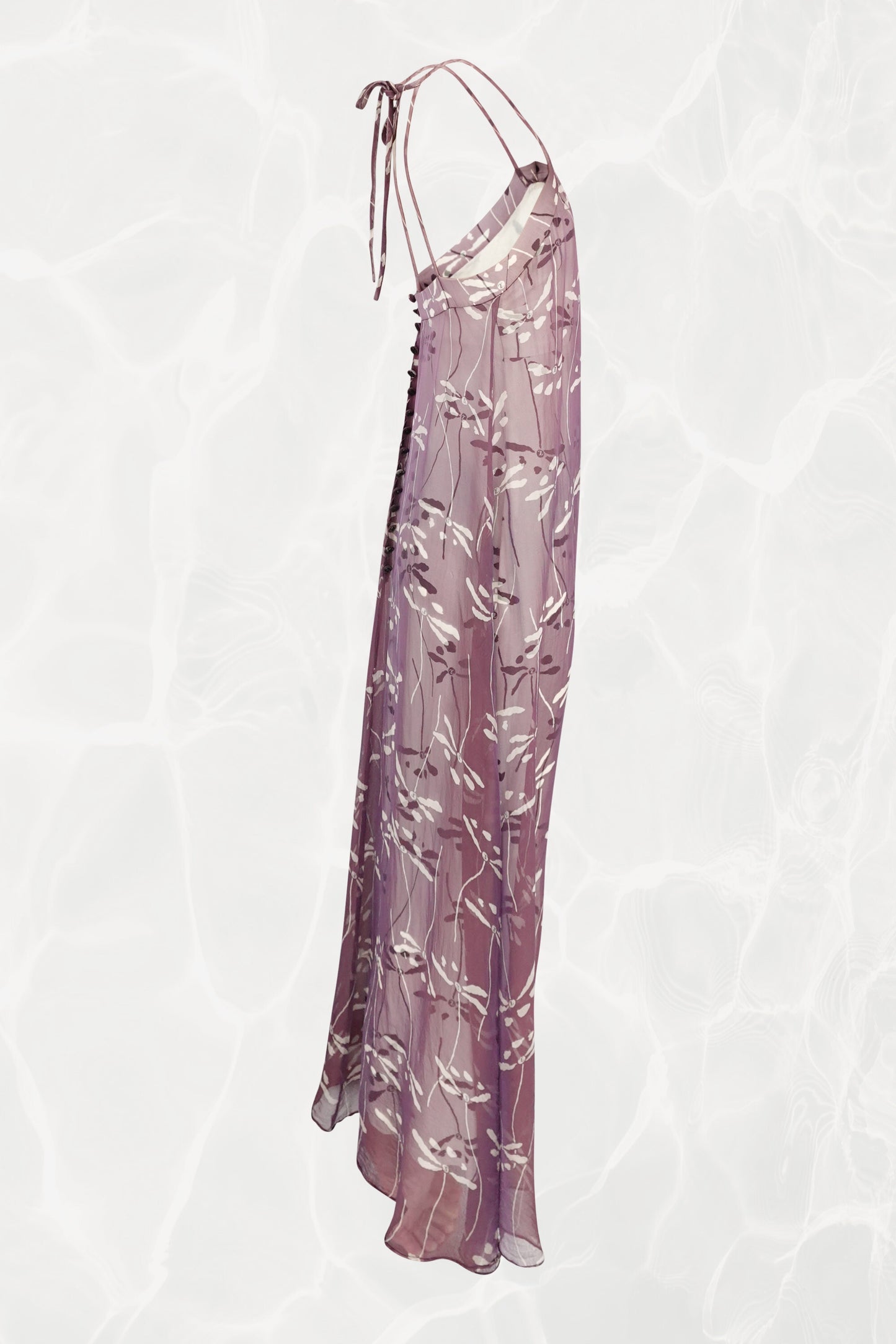 Chanel 98P dragonfly print maxi dress side view: full-length silhouette with visible CC fabric-covered buttons along back opening, mauve silk chiffon with dragonfly print, 1998