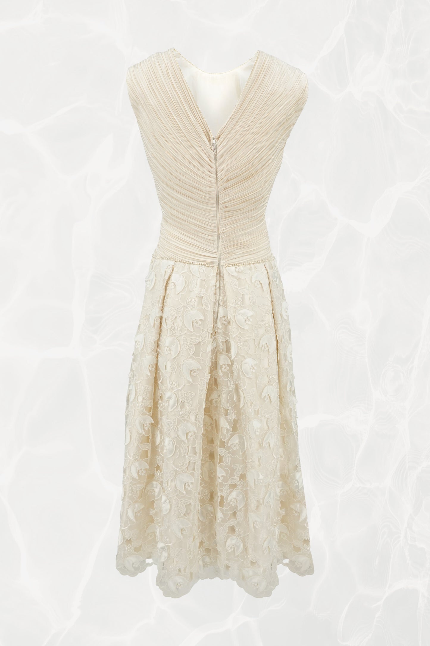 Vintage 1990s Ivory Pleated Bodice Satin Appliqué Ball Gown