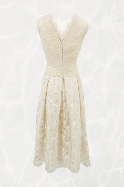 Vintage 1990s Ivory Pleated Bodice Satin Appliqué Ball Gown