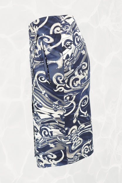 Vintage Silk Twill Filigree Print Wrap Pencil Skirt, C. Late 90's - Early 00's