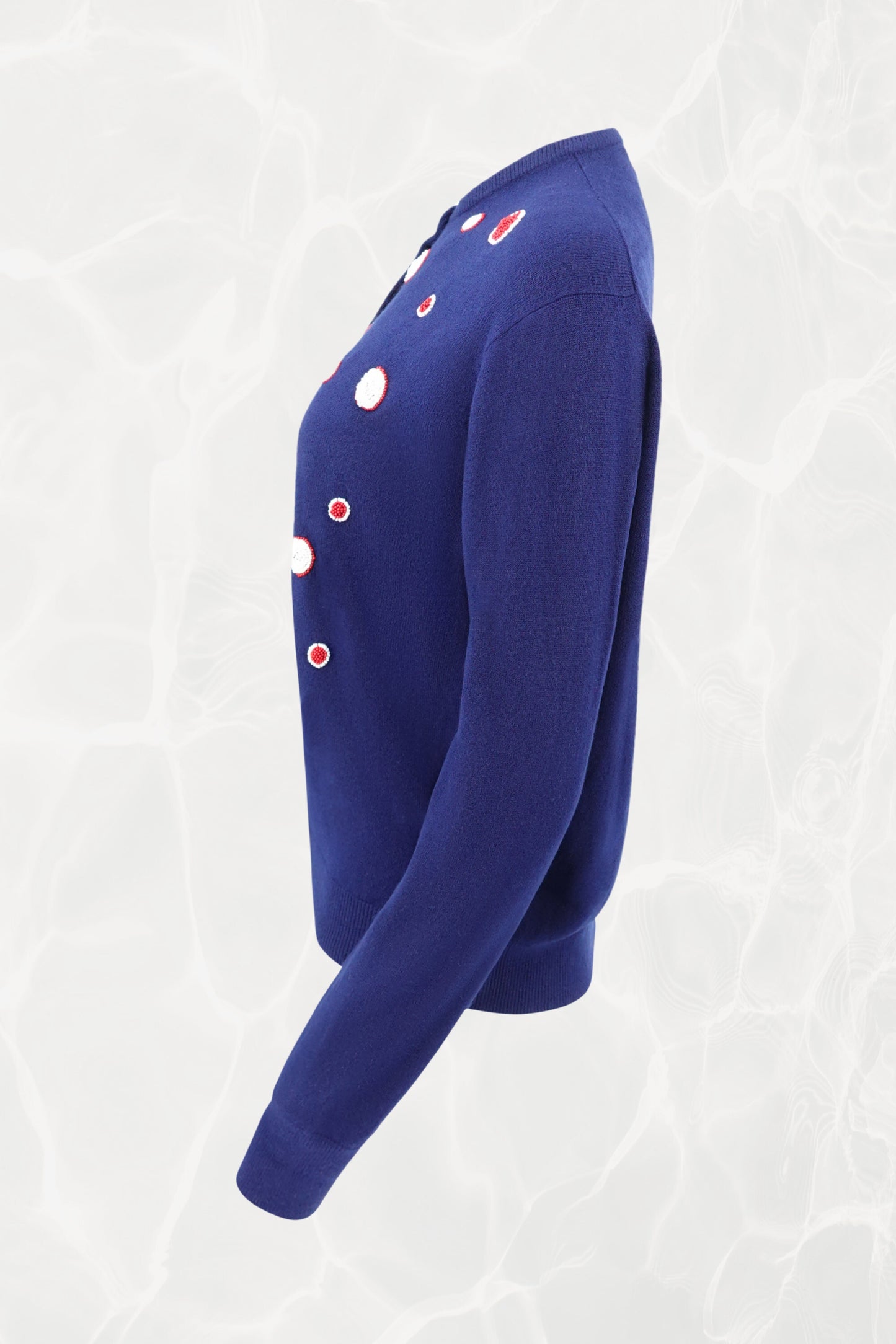 Schiaparelli vintage navy cardigan, three-quarter side view — Disco Palma