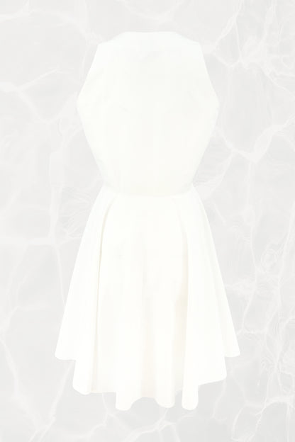 1990's White Poplin Sleeveless Gold Button-Front Flare Dress