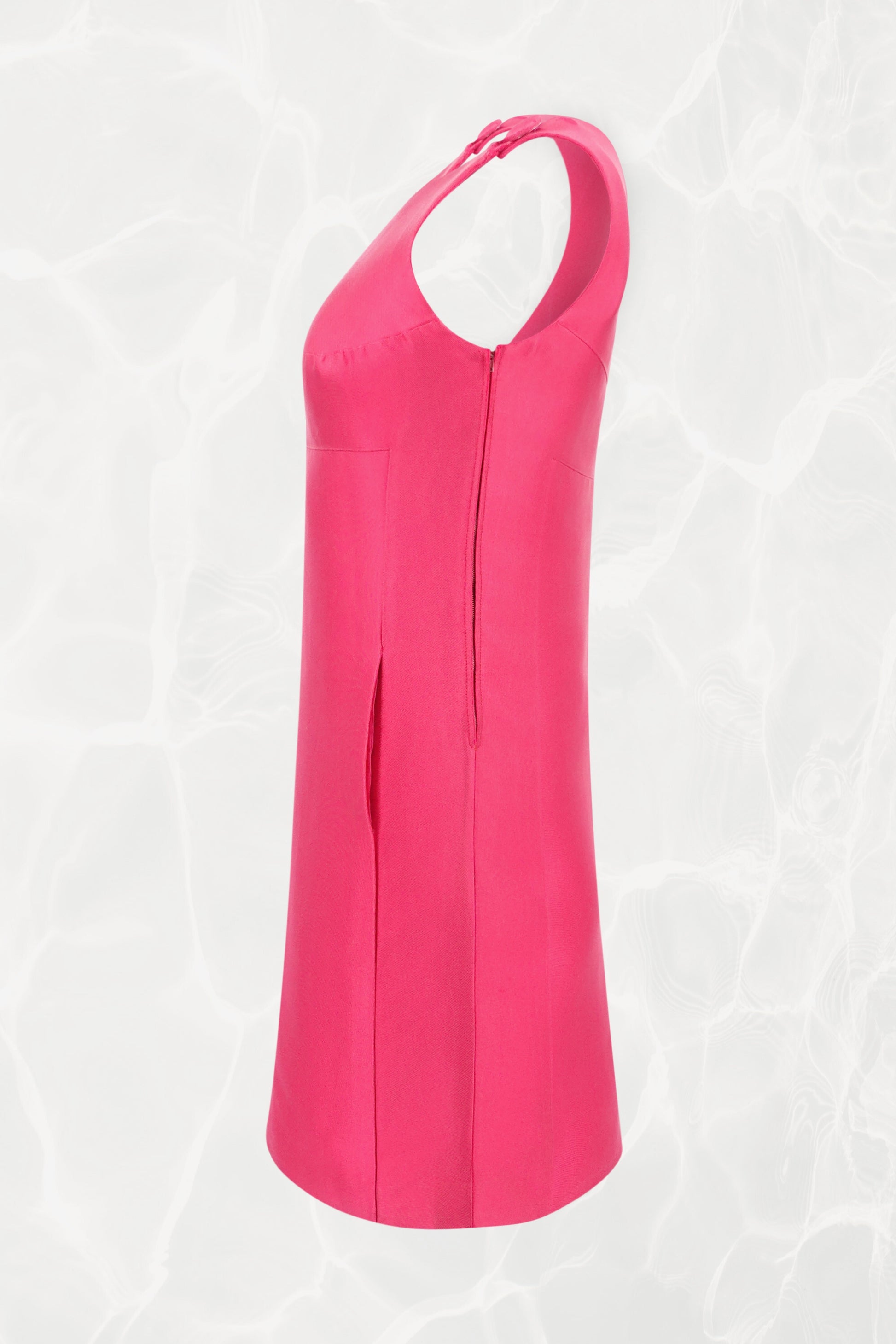 Vintage 1960s Fuchsia Shift Mini Dress, Covered Buttons and Asymmetric Hem