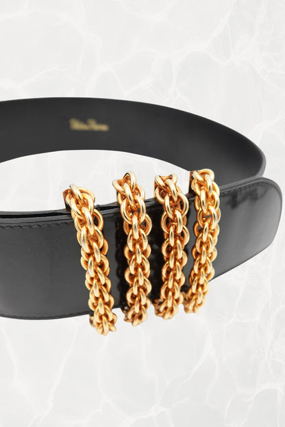 Vintage Black Patent Leather Belt with Chunky Gold Hardware