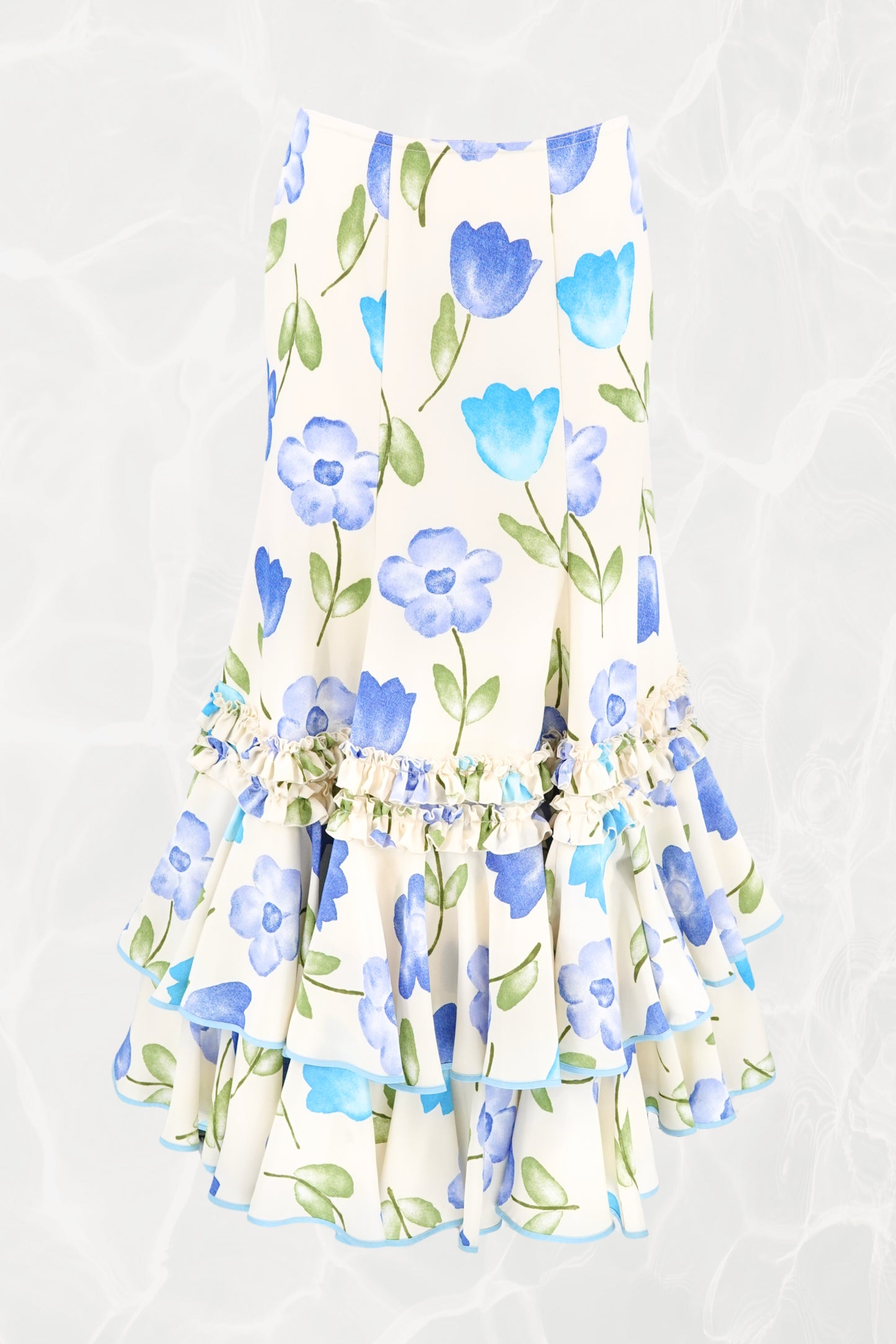 Late 1970s–Early 1980s Watercolor Floral Drop-Waist Tiered Crepe Maxi Skirt, YSL Rive Gauche Style