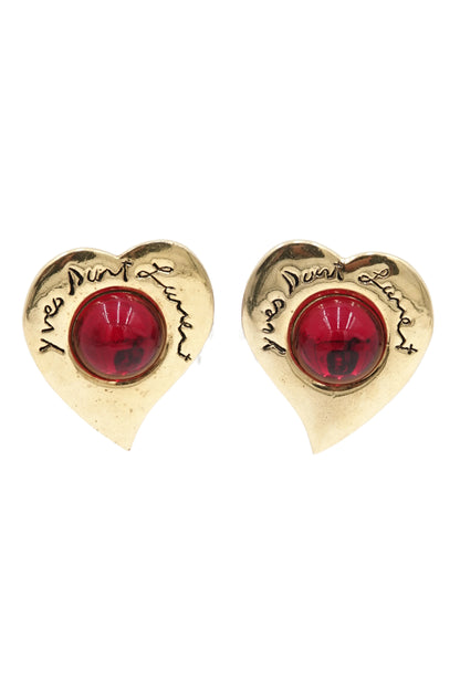 Vintage 1980s Gold-Tone Heart Clip-On Earrings with Red Cabochon