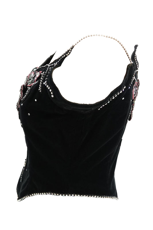 Vintage 1980s Black Velvet Rhinestone Corset, back view — Disco Palma