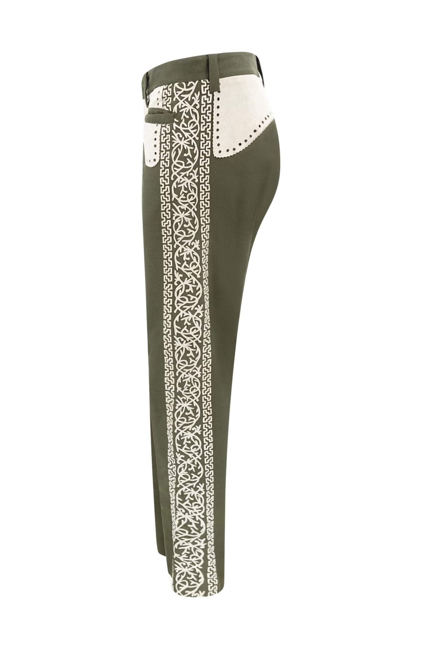 Vintage 1970s Olive Embroidered Flare Trousers with Suede Appliqué