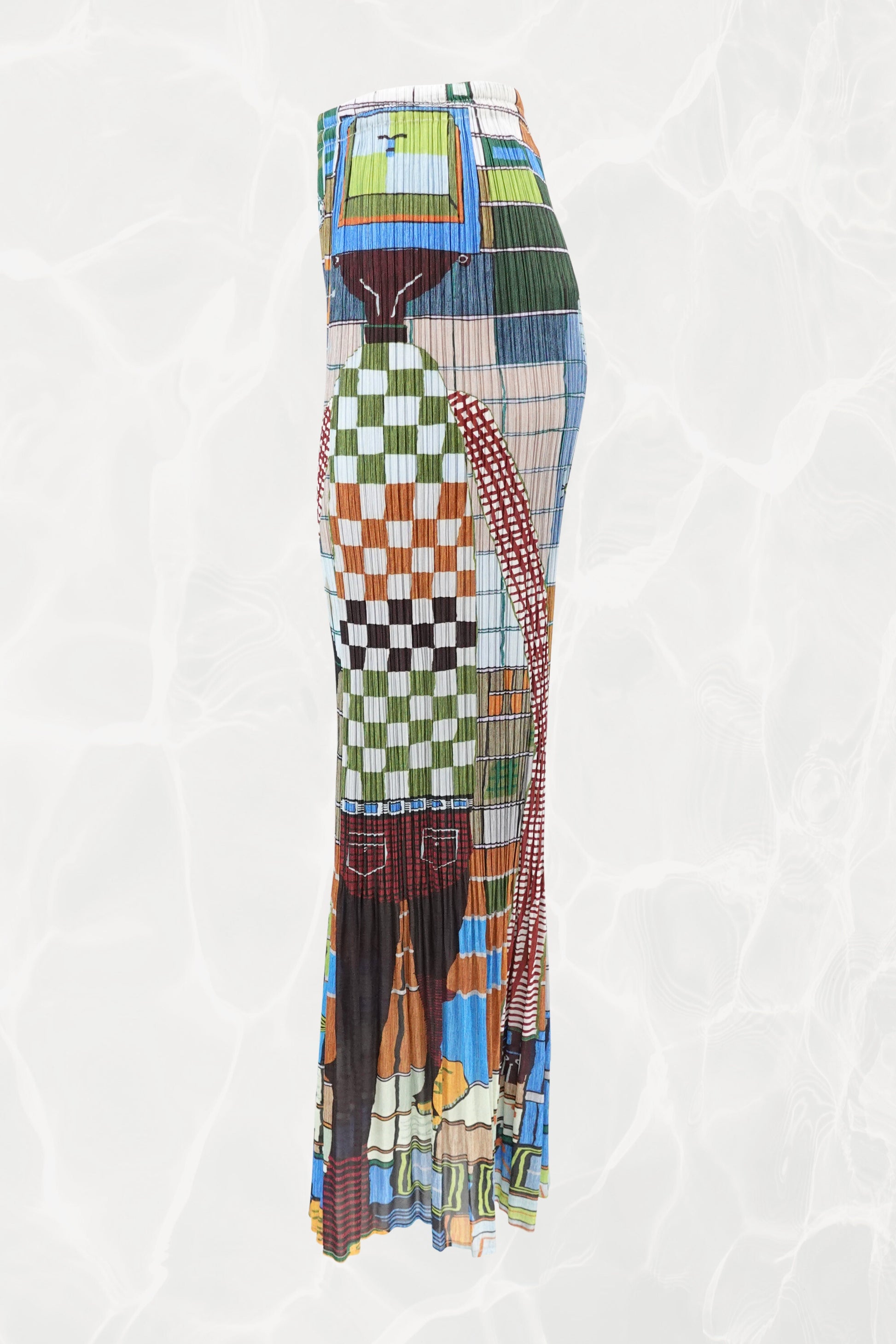 Pleats Please Issey Miyake 2001 archival print flare pants side view: full-length side profile showing multicolor geometric graphic print and wide flared leg silhouette on pleated stretch fabric, 2001