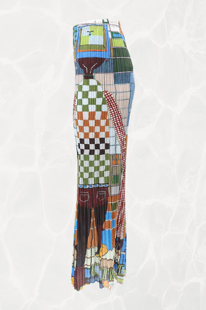 Pleats Please Issey Miyake 2001 archival print flare pants side view: full-length side profile showing multicolor geometric graphic print and wide flared leg silhouette on pleated stretch fabric, 2001