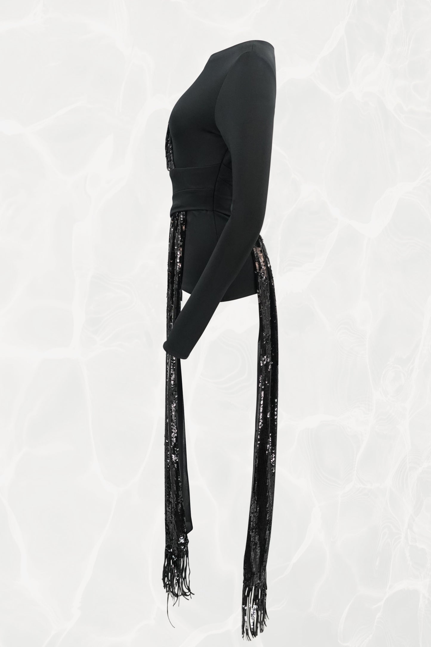 Asymmetrical Black Sequin Sash Long Sleeved Jersey Top NWT