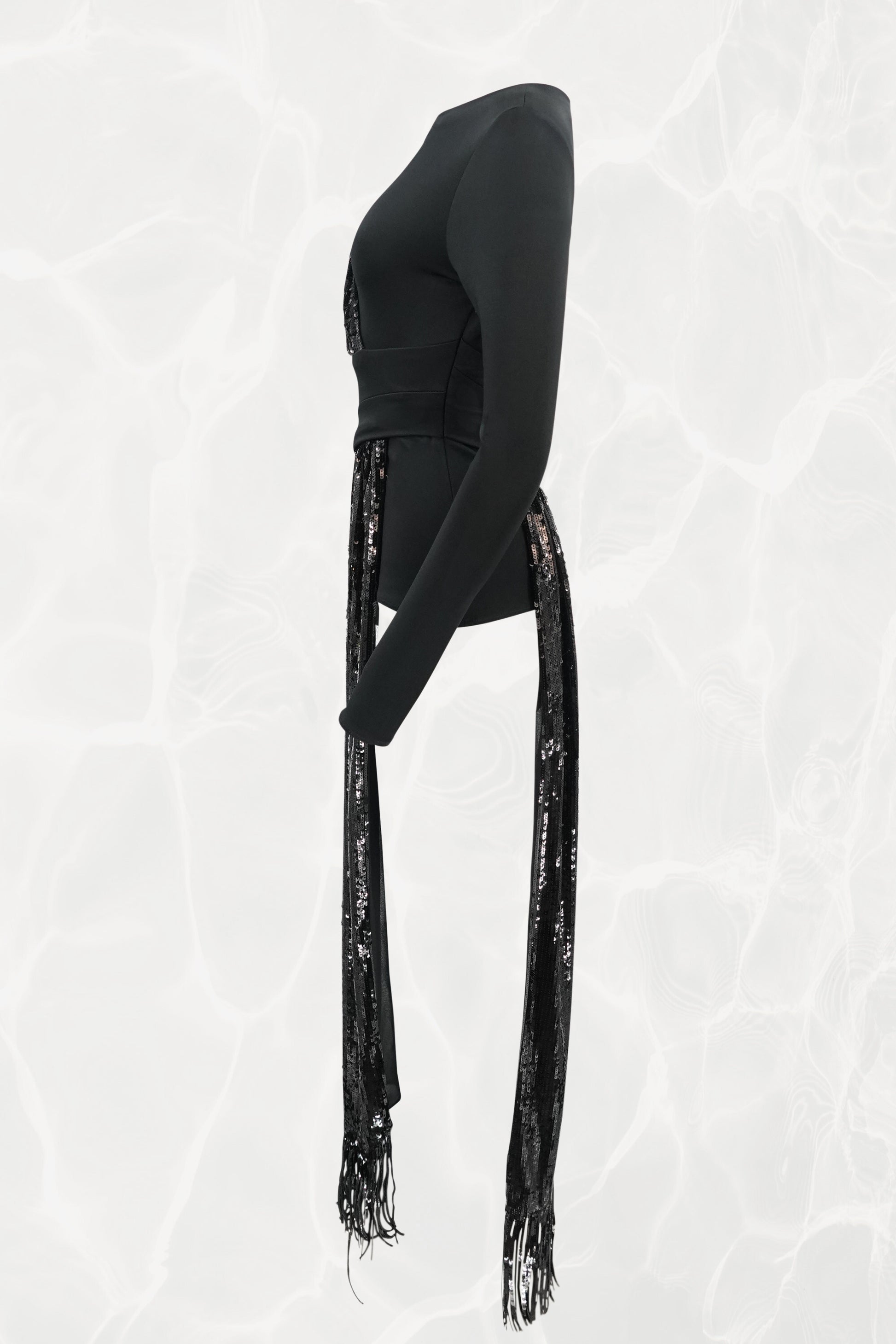 Asymmetrical Black Sequin Sash Long Sleeved Jersey Top NWT