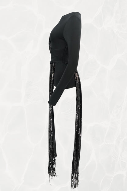 Asymmetrical Black Sequin Sash Long Sleeved Jersey Top NWT