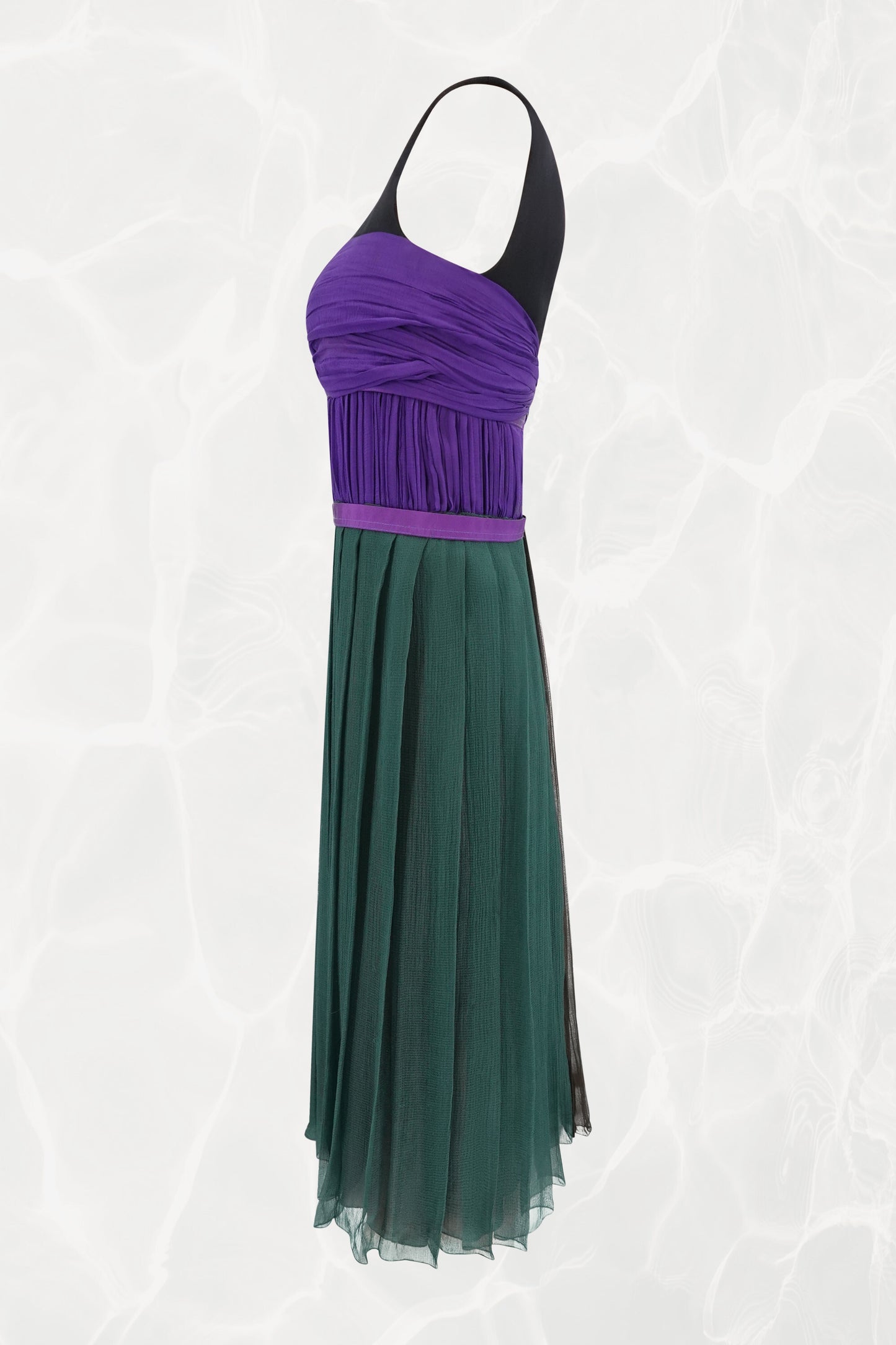 Vintage SS05 Pleated Draped Green & Purple Silk Chiffon Mini Dress