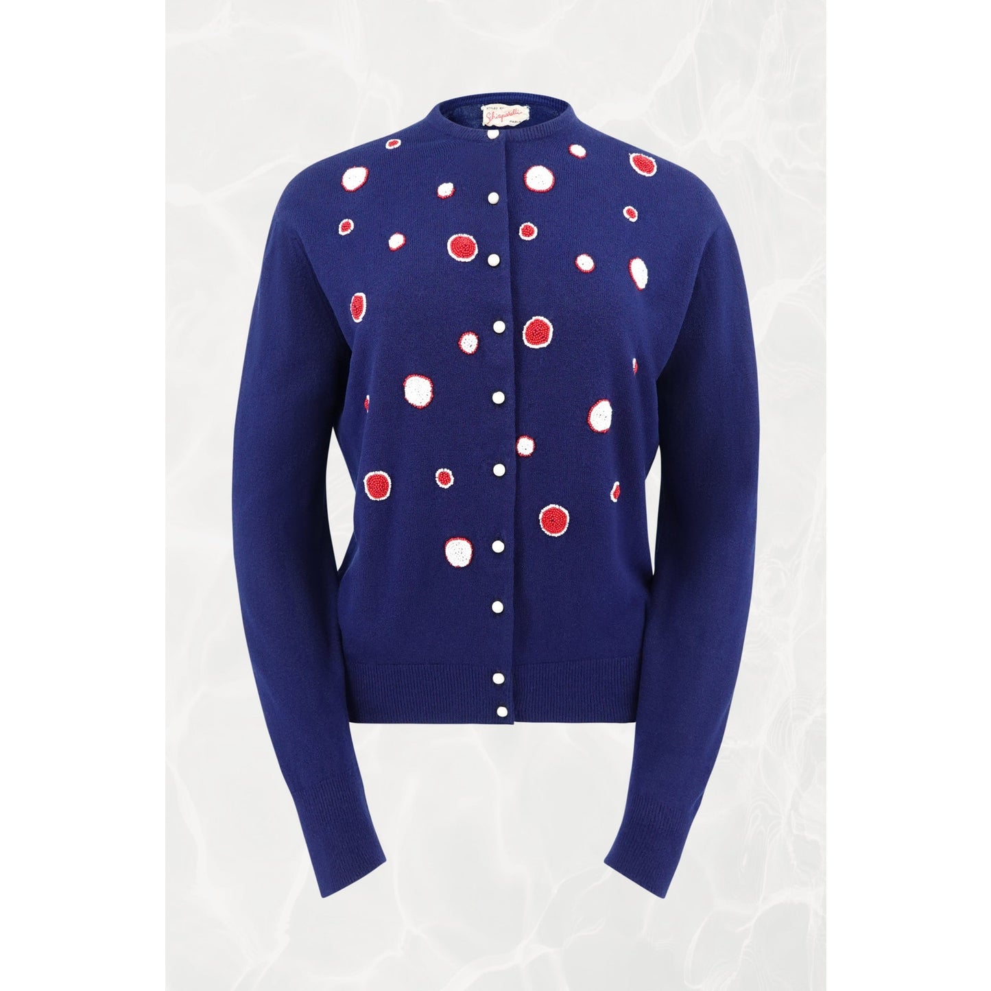Vintage 1960s Schiaparelli Navy Beaded Polka Dot Cardigan
