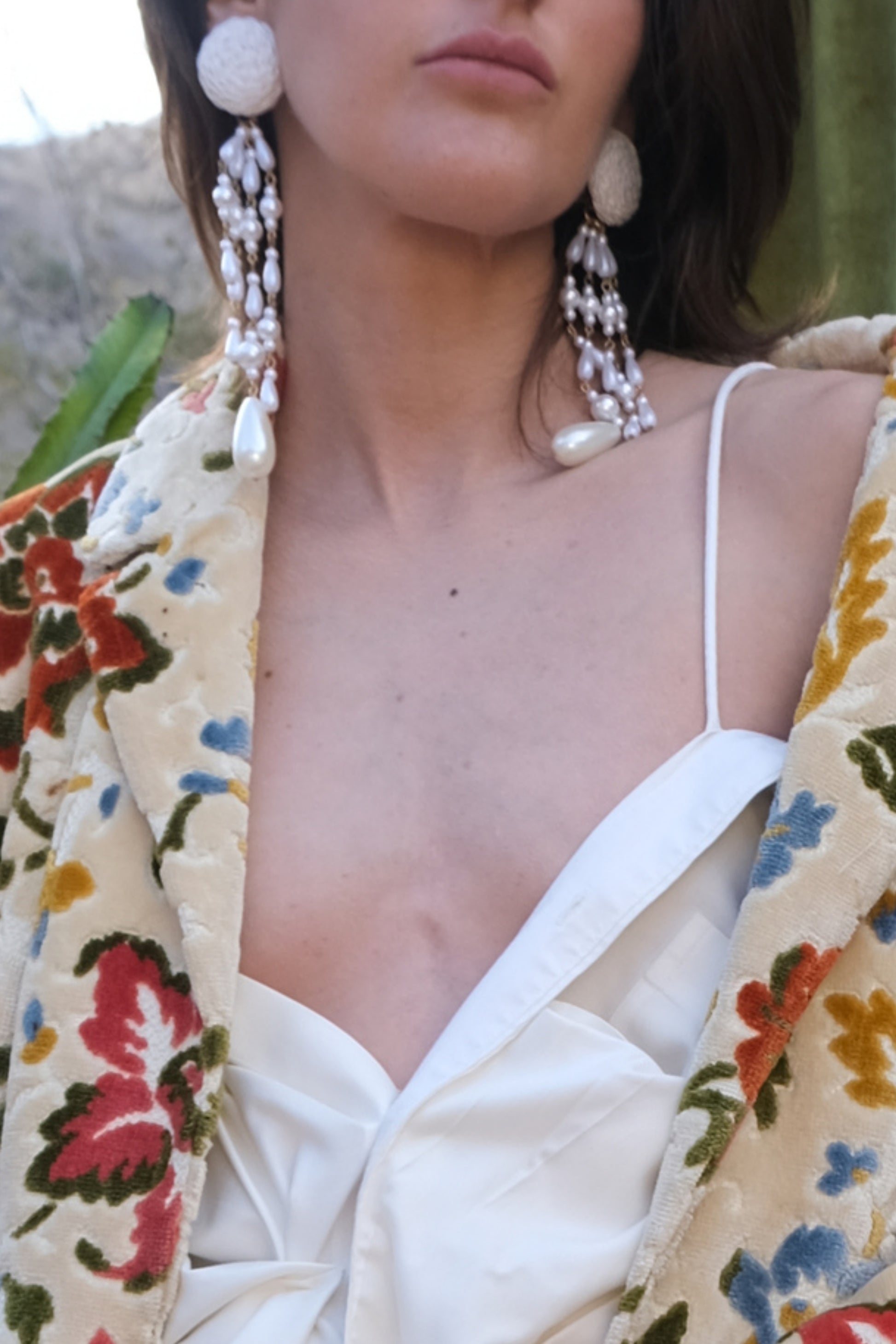 satin cord dome and faux pearl shoulder duster earrings styled on model — Disco Palma