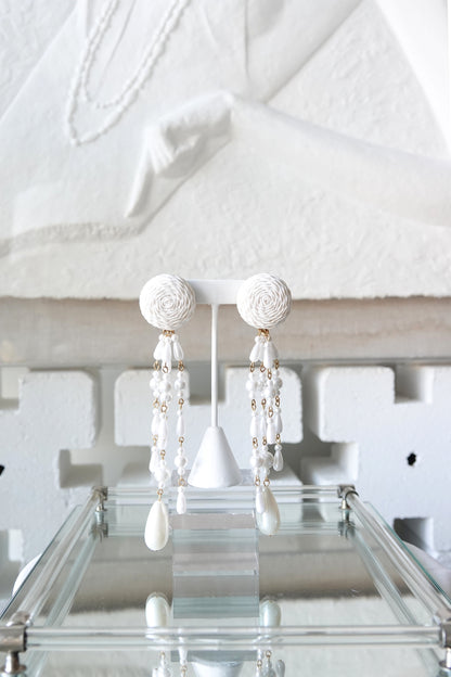 satin cord dome and faux pearl shoulder duster earrings worn, side profile — Disco Palma