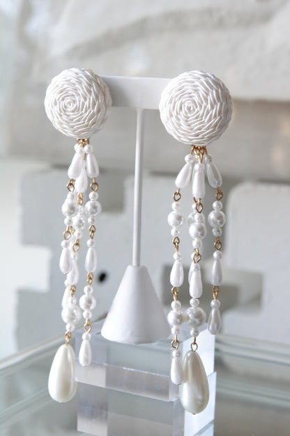 Vintage shoulder duster earrings with multi-strand faux pearl drops, styled — Disco Palma
