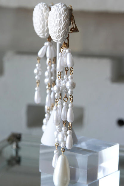 Vintage faux pearl and satin cord clip earrings, styled detail — Disco Palma
