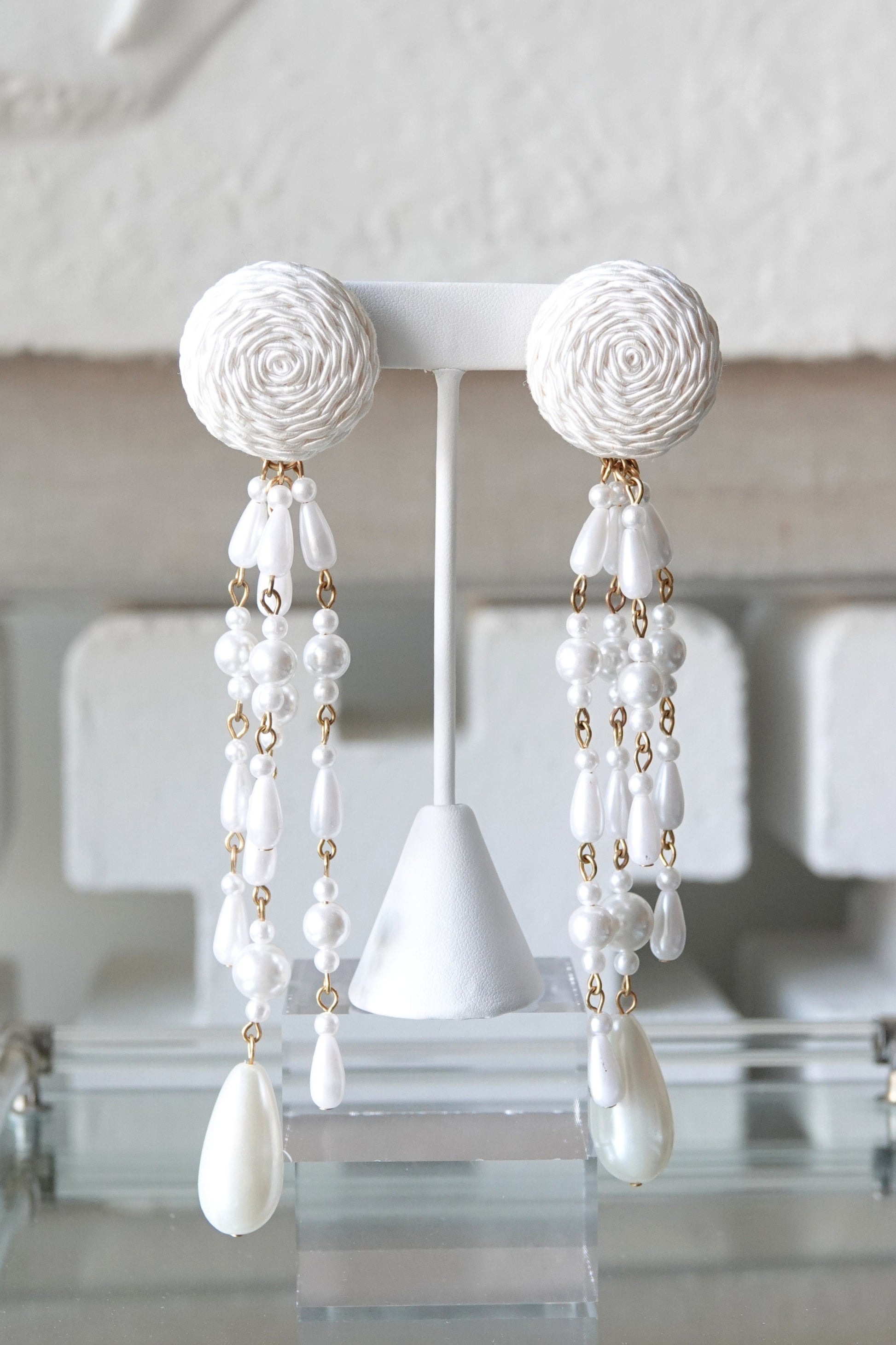 Vintage satin cord and faux pearl shoulder duster earrings, clip back closure detail — Disco Palma