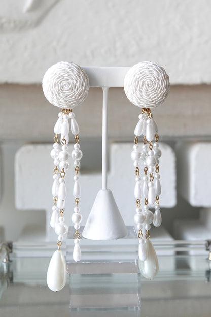 Vintage satin cord and faux pearl shoulder duster earrings, clip back closure detail — Disco Palma