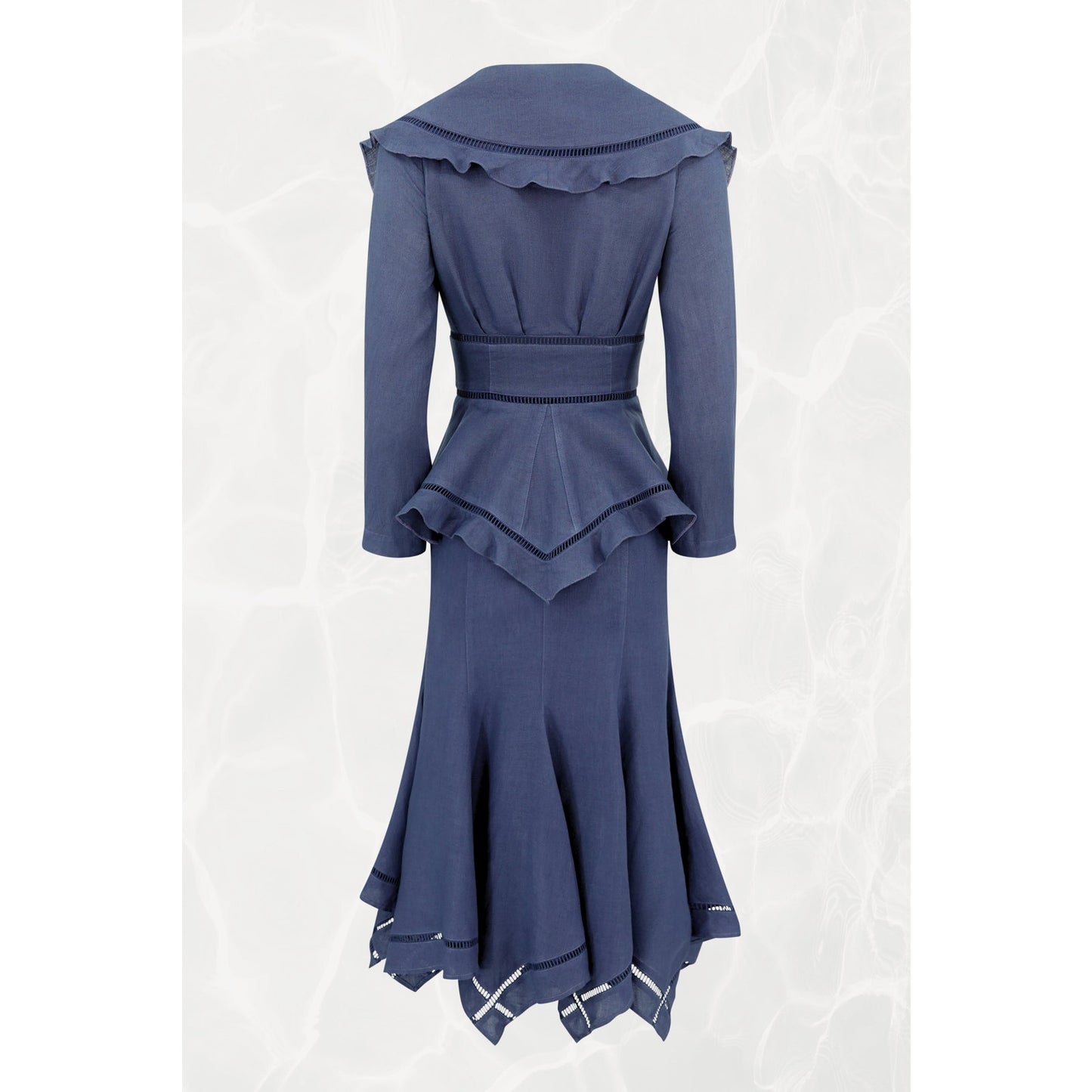 1990s Navy Linen Peplum Jacket and Skirt Set