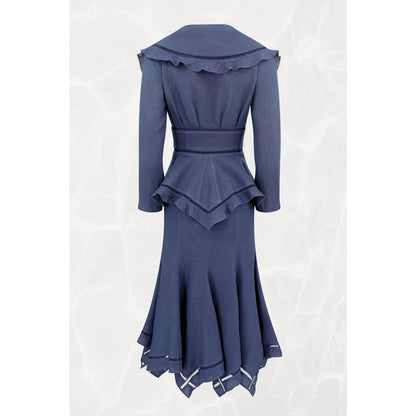1990s Navy Linen Peplum Jacket and Skirt Set