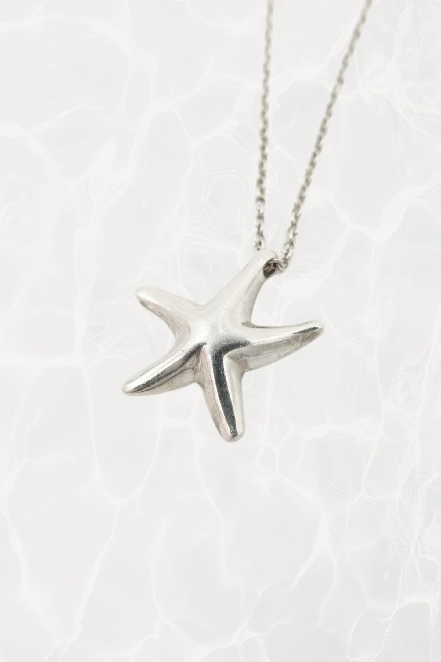 Elsa Peretti for Tiffany & Co. sterling silver starfish pendant necklace front view: sculptural starfish charm on delicate silver chain, organic natural form, Tiffany hallmark