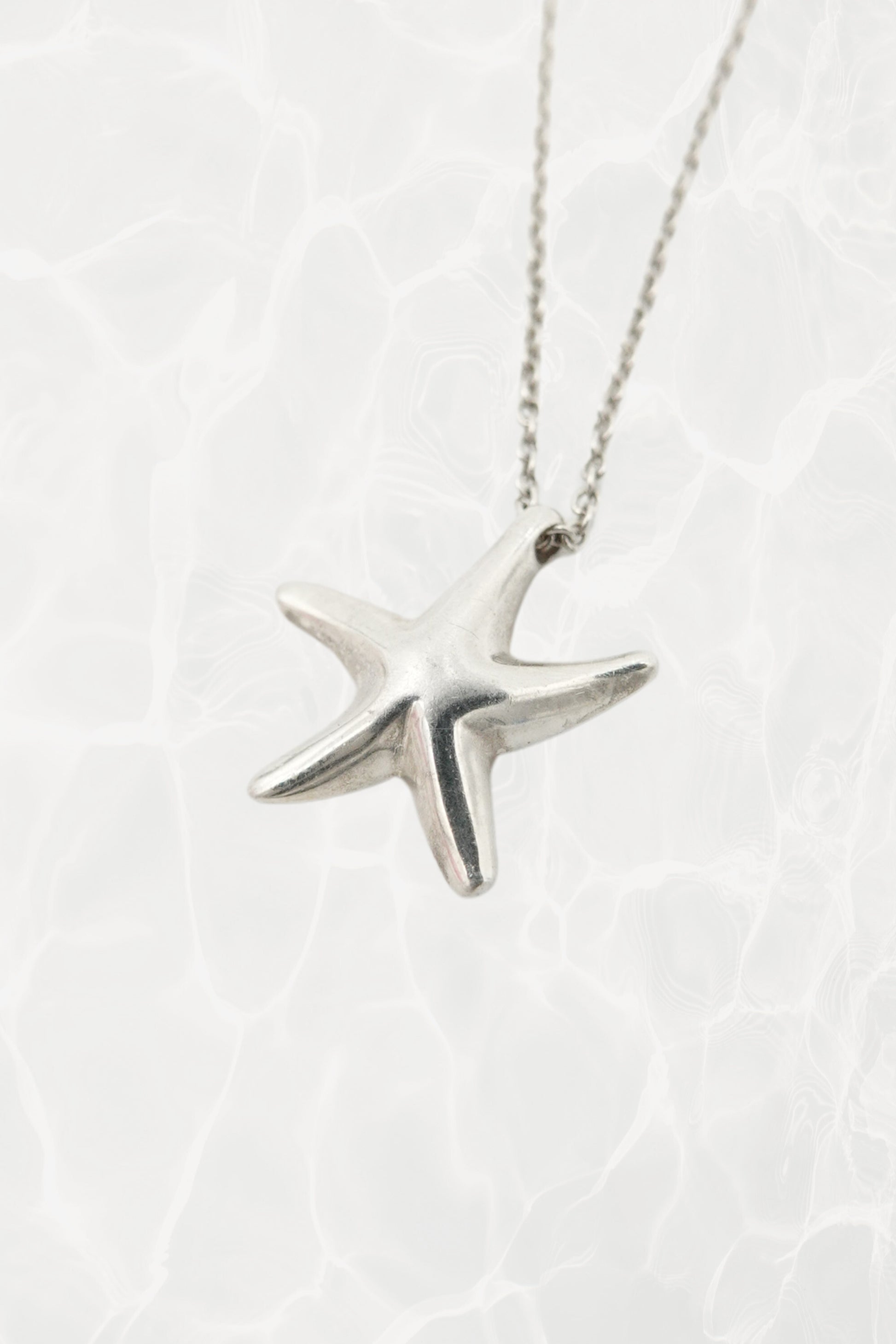 Elsa Peretti for Tiffany & Co. sterling silver starfish pendant necklace front view: sculptural starfish charm on delicate silver chain, organic natural form, Tiffany hallmark