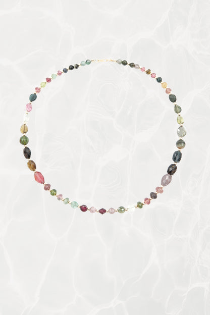 Vintage Rainbow Tourmaline Beaded Necklace with 18k Gold Spacers