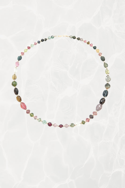 Vintage Rainbow Tourmaline Beaded Necklace with 18k Gold Spacers