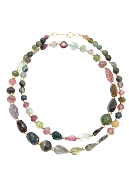 Vintage Rainbow Tourmaline Beaded Necklace with 18k Gold Spacers
