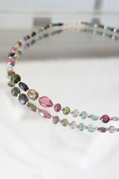 Vintage Rainbow Tourmaline Beaded Necklace with 18k Gold Spacers
