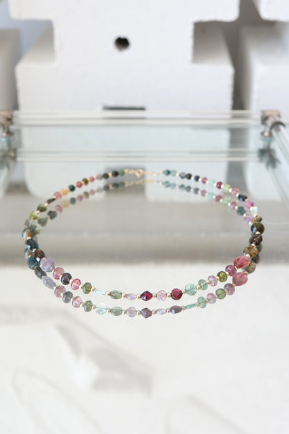 Vintage Rainbow Tourmaline Beaded Necklace with 18k Gold Spacers