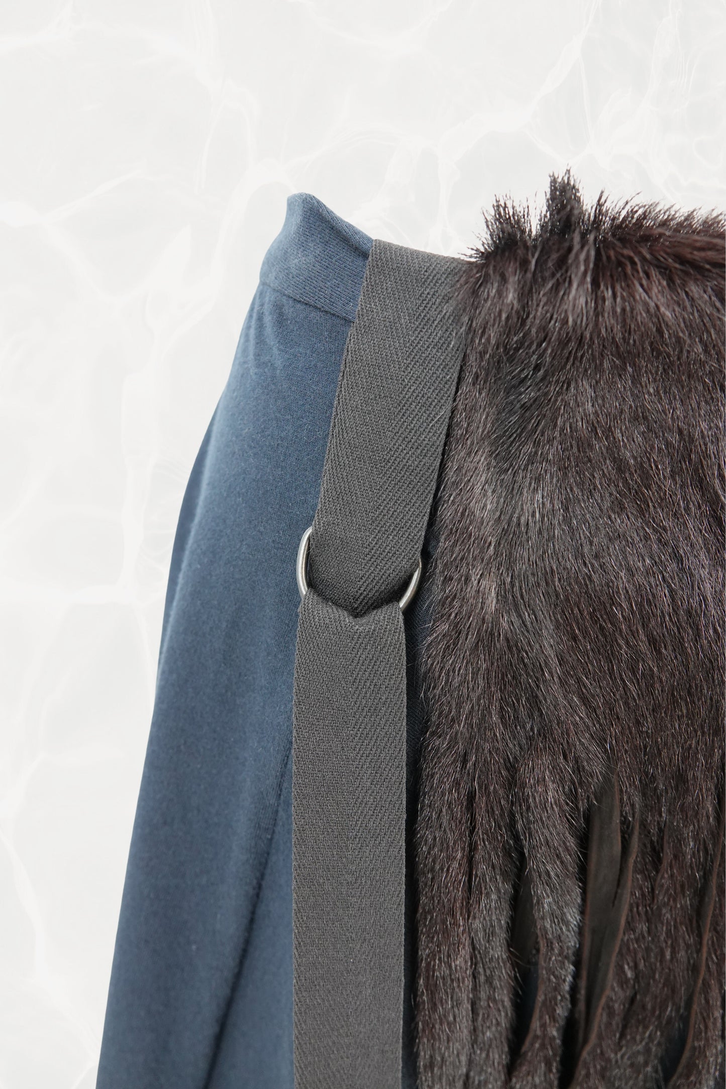 AW03 Black & Navy Fringe Goat Fur Mini Skirt with Bondage Straps