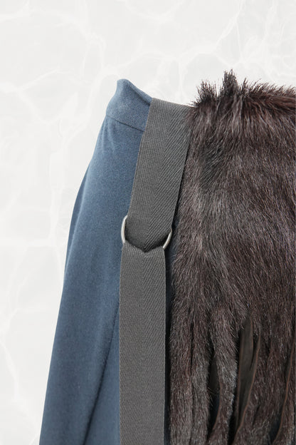AW03 Black & Navy Fringe Goat Fur Mini Skirt with Bondage Straps