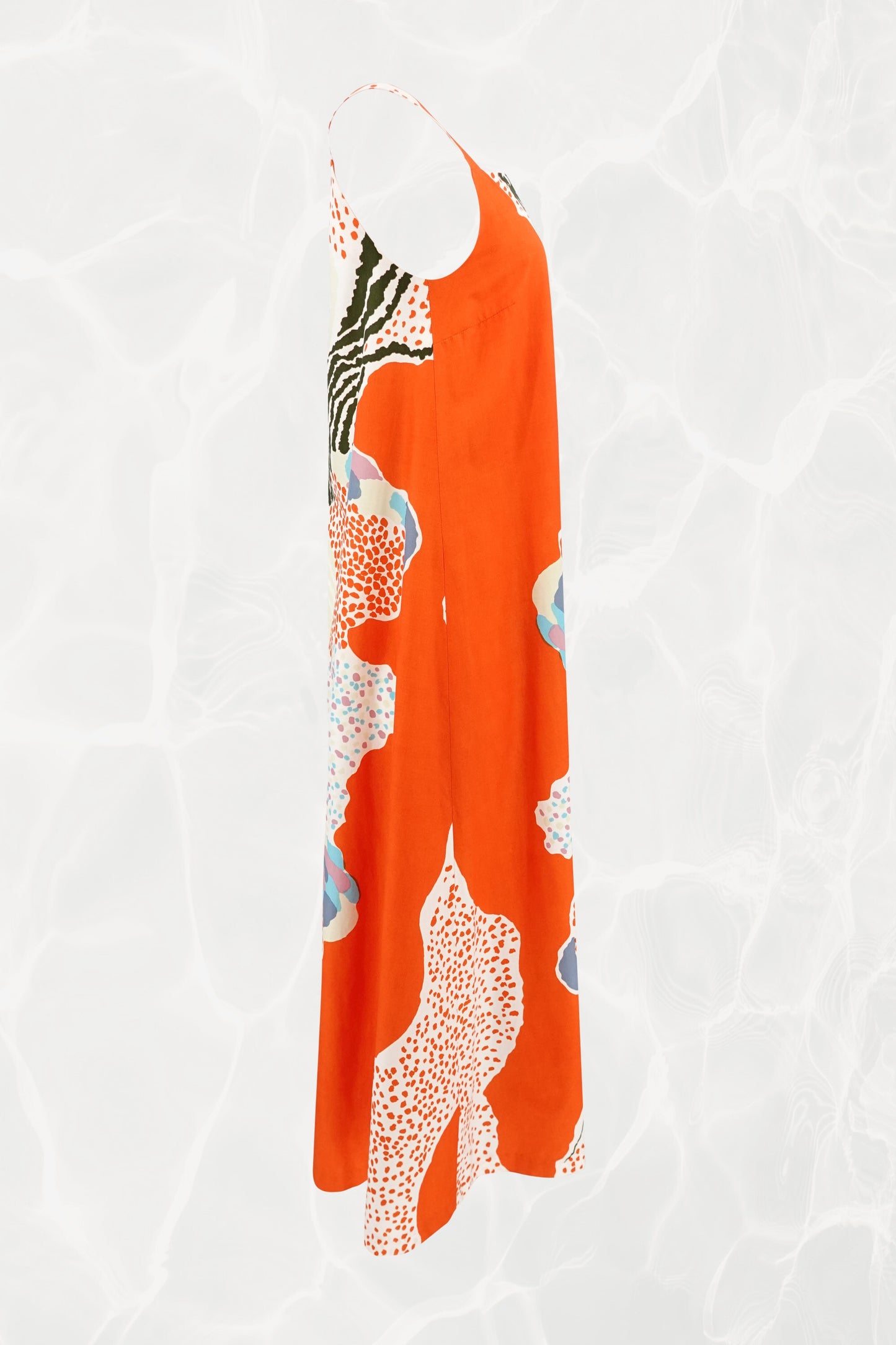 Marimekko 1978 orange abstract print maxi dress, side view — Disco Palma